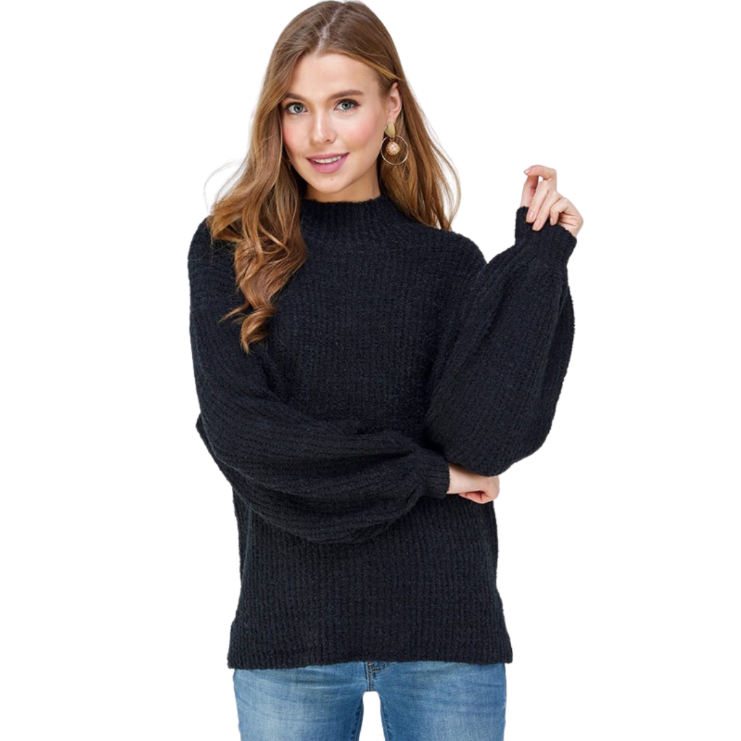 Olive & Leaf Solid Knit Crew Sweater W/ Puff Sleeves (S-L)