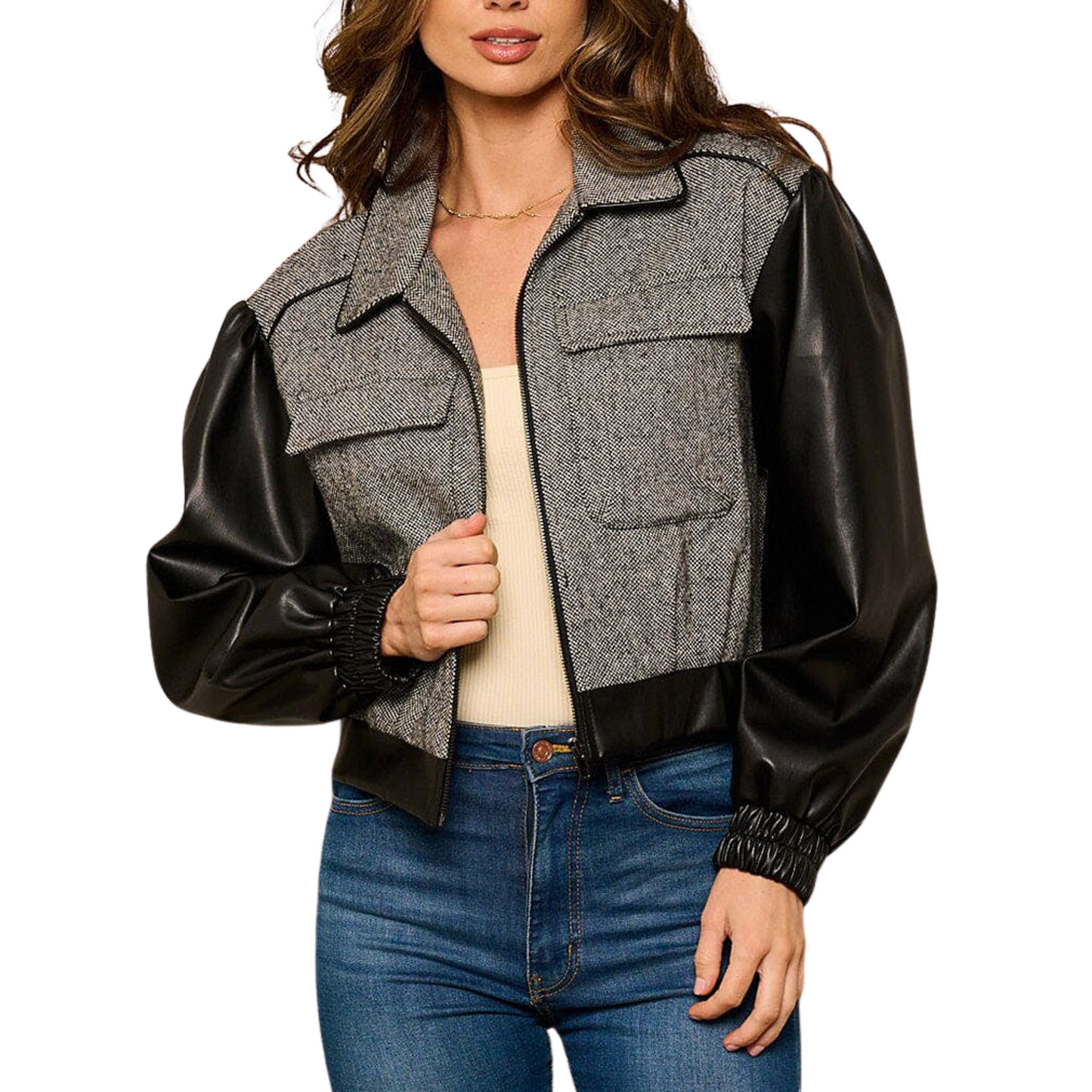 Promesa Knit Crop Jacket W/ Pleather Sleeves (S-L)