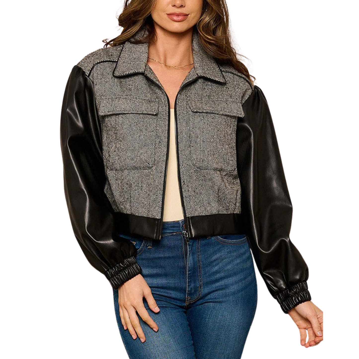 Promesa Knit Crop Jacket W/ Pleather Sleeves (S-L)