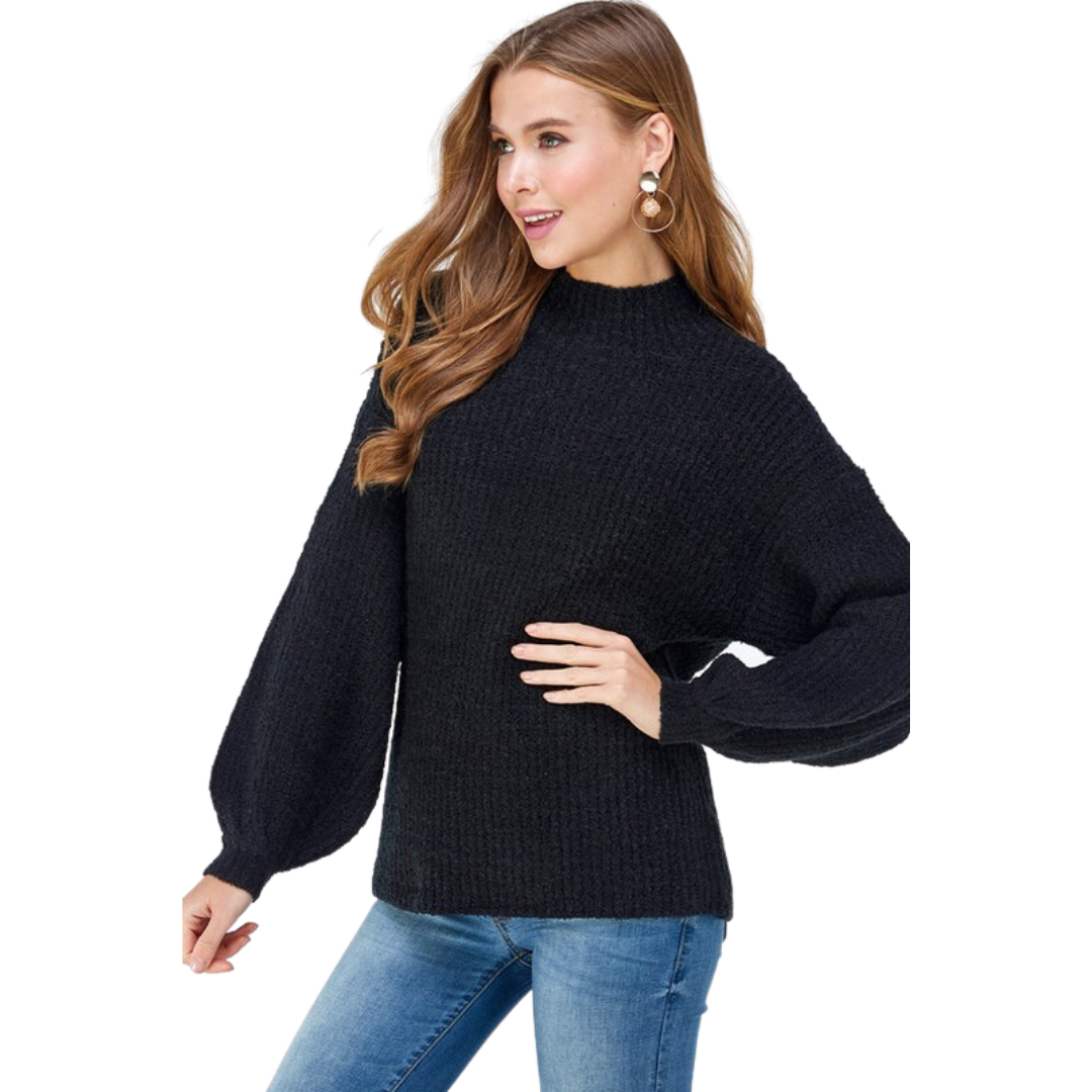 Olive & Leaf Solid Knit Crew Sweater W/ Puff Sleeves (S-L)