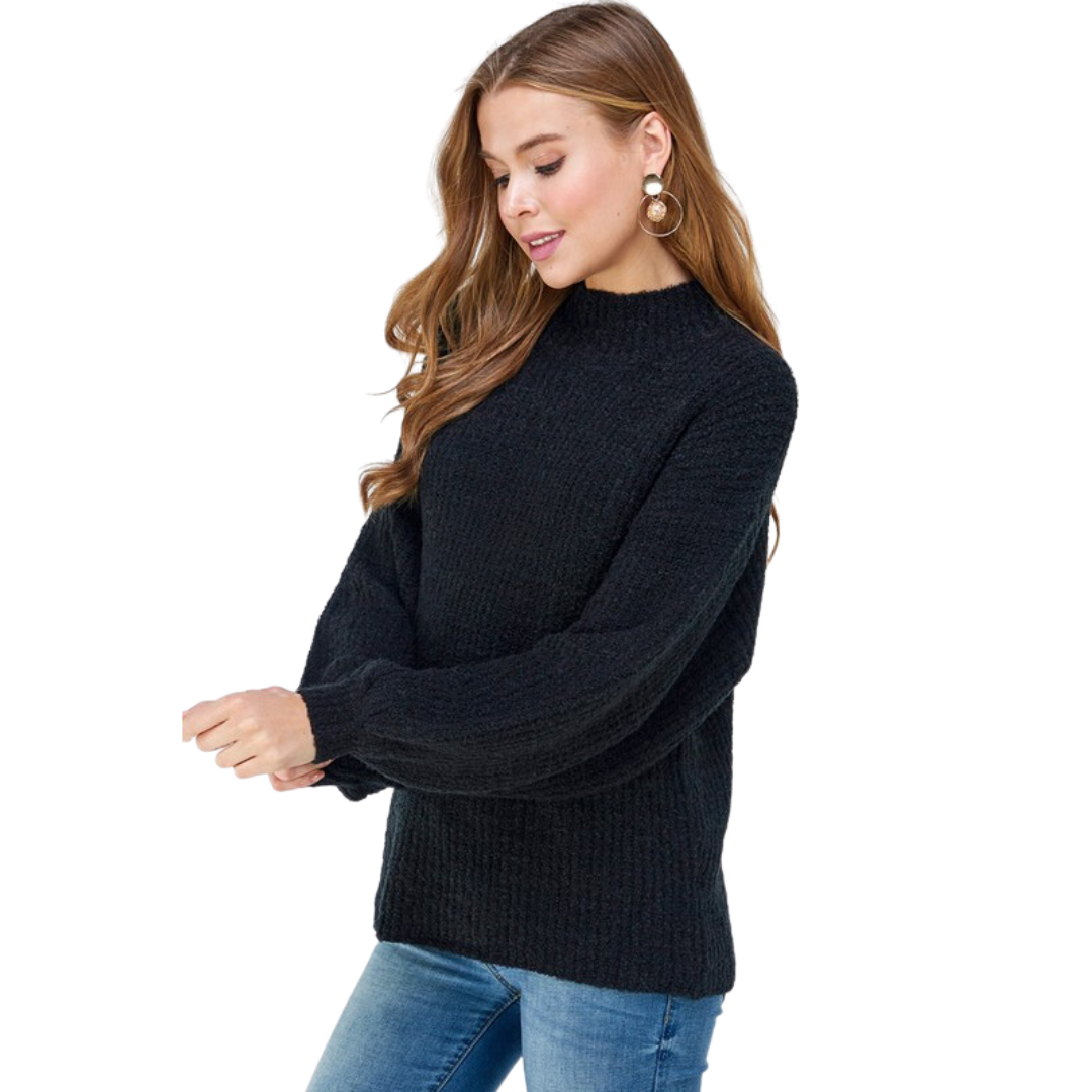 Olive & Leaf Solid Knit Crew Sweater W/ Puff Sleeves (S-L)