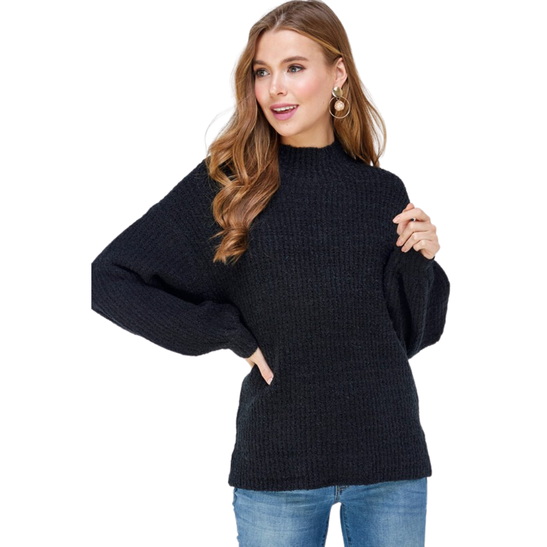 Olive & Leaf Solid Knit Crew Sweater W/ Puff Sleeves (S-L)