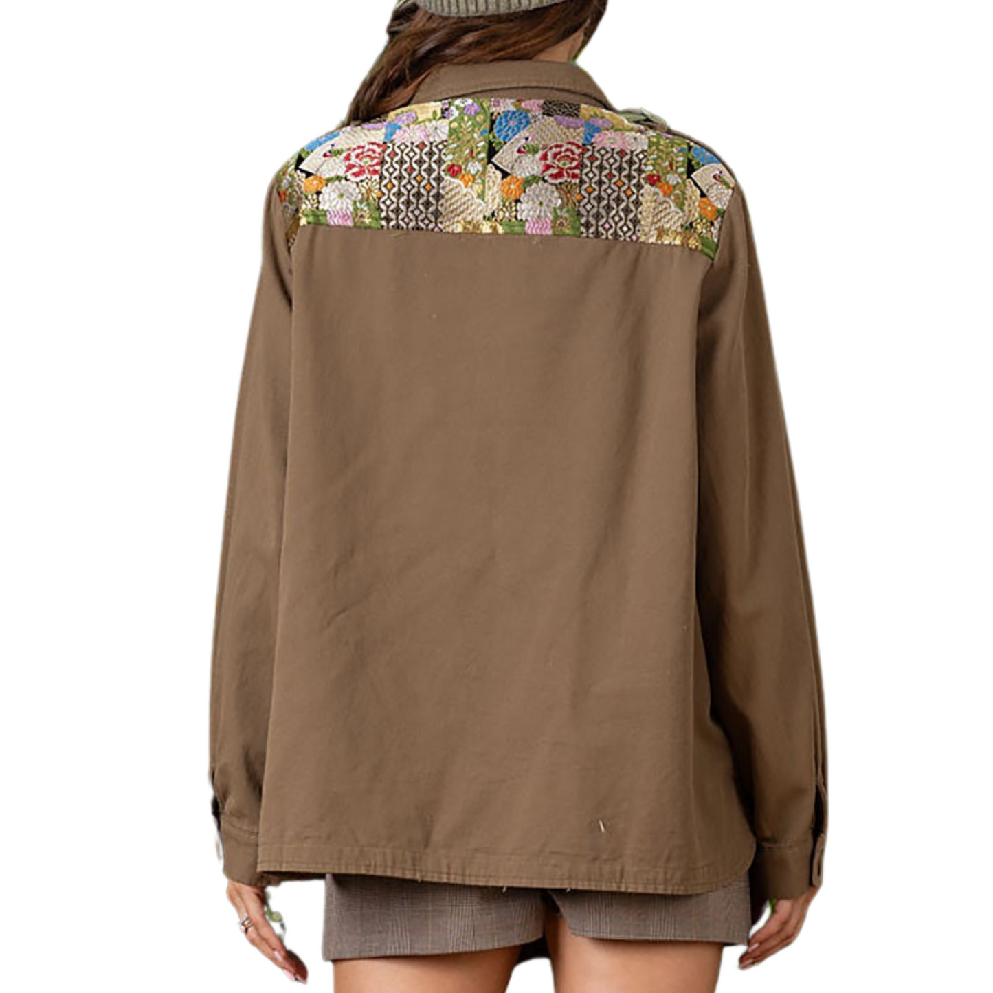 Ces Femme Olive Longsleeve W/Gem Pocket & Elegant Patchwork (S-L)