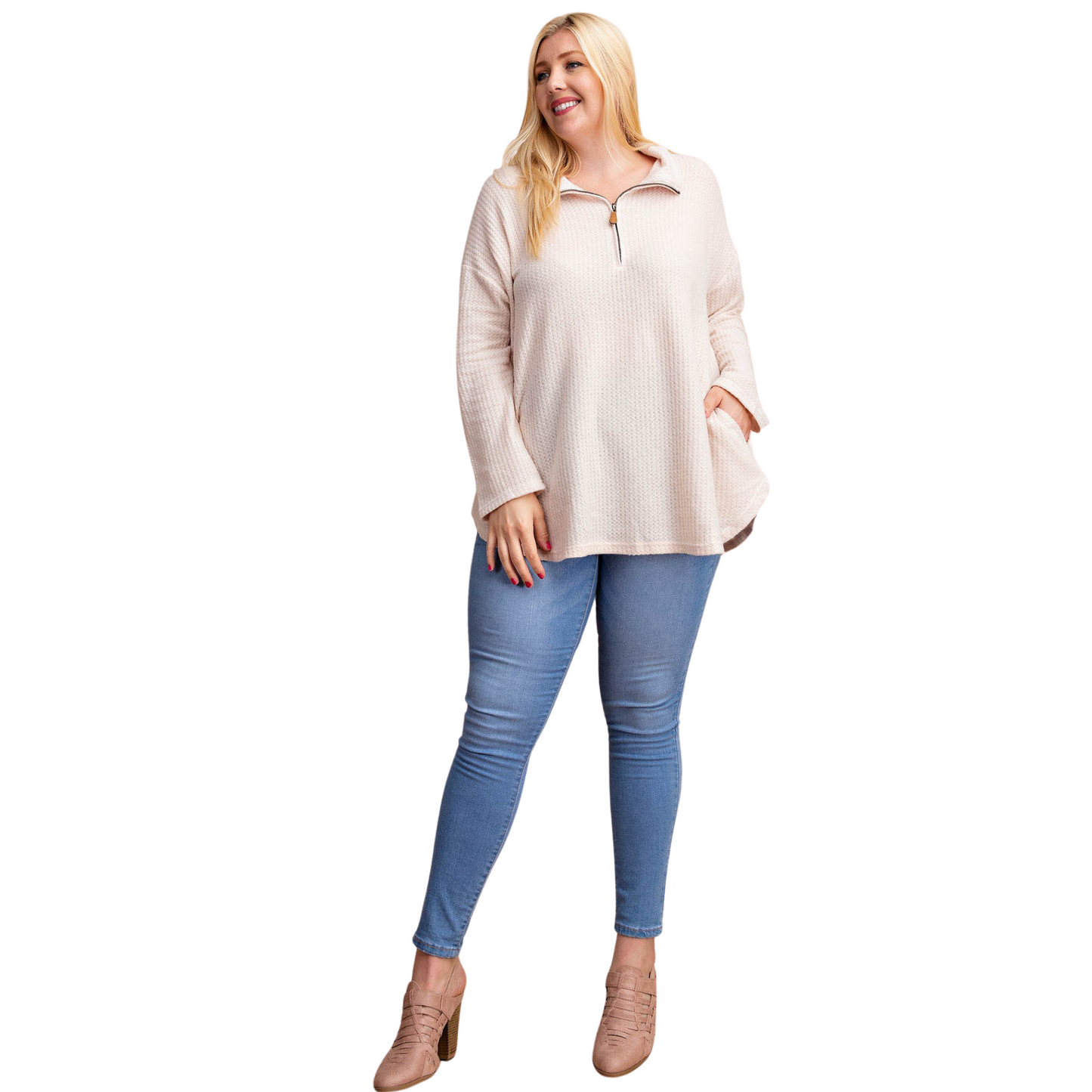 Kori Cream Soft 3/4 Zip Waffle Sweater (1XL- 3XL)