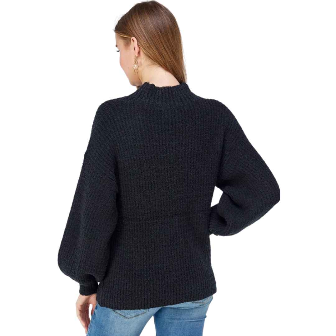 Olive & Leaf Solid Knit Crew Sweater W/ Puff Sleeves (S-L)