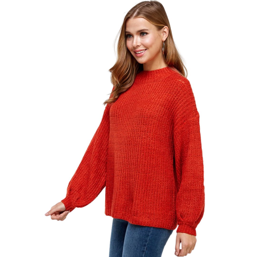 Olive & Leaf Solid Knit Crew Sweater W/ Puff Sleeves (S-L)