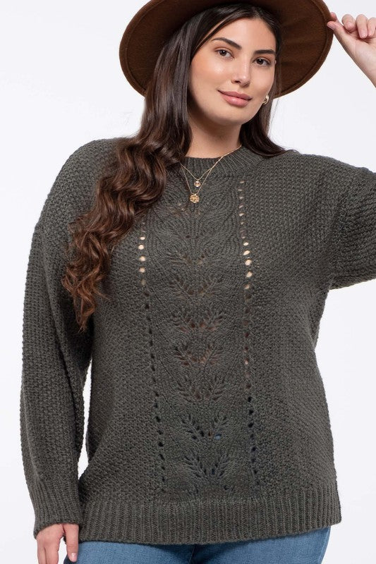 Blu Pepper Plus Size Knit Crew Neck Sweater Olive (1XL-3XL)