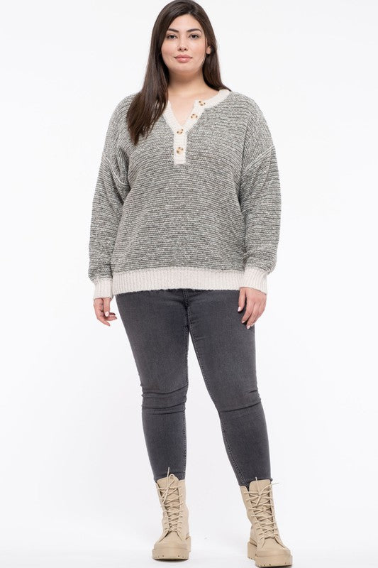 Blu Pepper Plus Size Knit Crew Neck Sweater (Taupe or Olive 1XL-3XL)