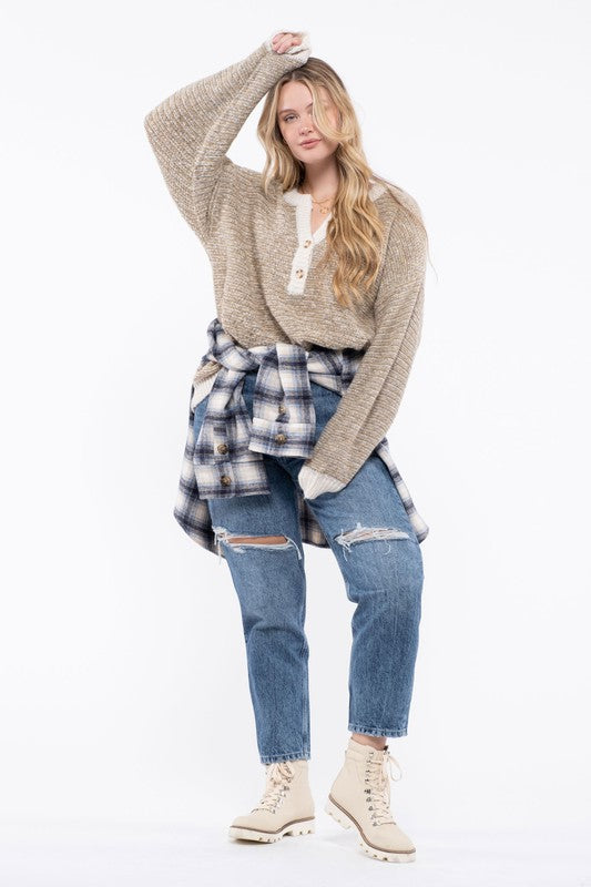 Blu Pepper Plus Size Knit Crew Neck Sweater (Taupe or Olive 1XL-3XL)