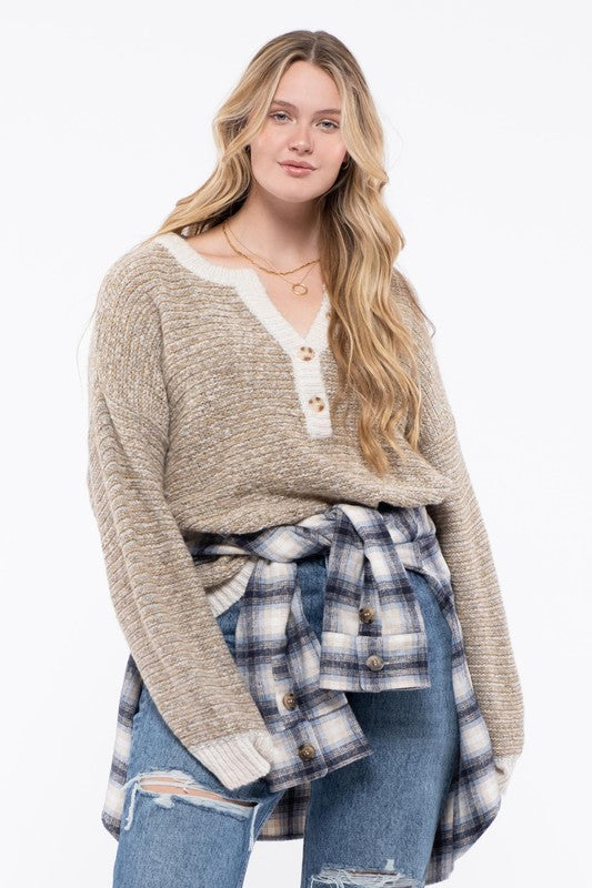 Blu Pepper Plus Size Knit Crew Neck Sweater (Taupe or Olive 1XL-3XL)