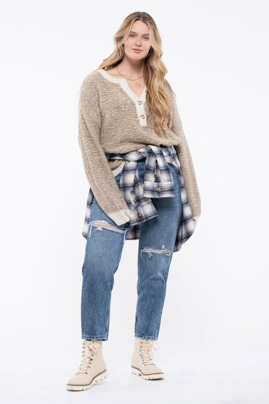 Blu Pepper Plus Size Knit Crew Neck Sweater (Taupe or Olive 1XL-3XL)