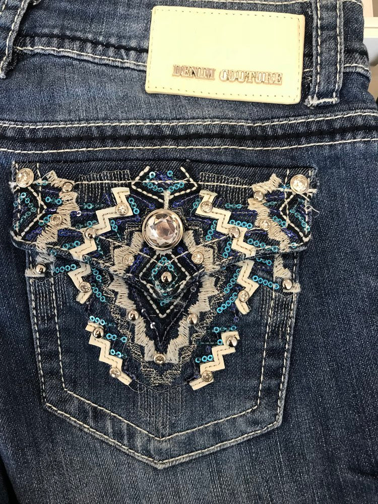 Women's Bootcut Denim Tribal Pocket Purple Bedazzled (Sizes 0-15)