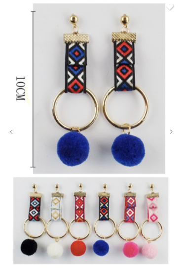 Fashion Jewelry Tribal Dangle Earrings W/ Fur Balls (Available in 6 fun colors!)