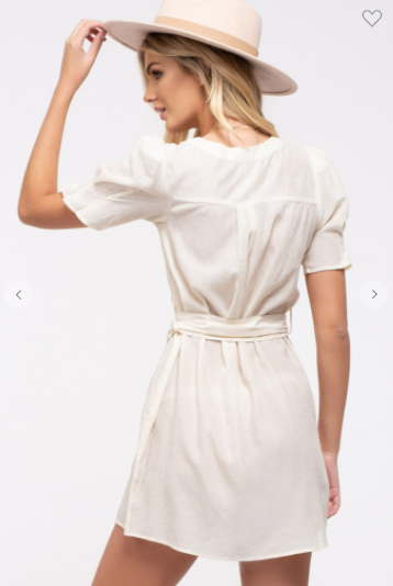 E & M Dress W/ V-Neck Button Accents & Belt Cream (S-L)