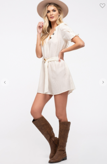 E & M Dress W/ V-Neck Button Accents & Belt Cream (S-L)