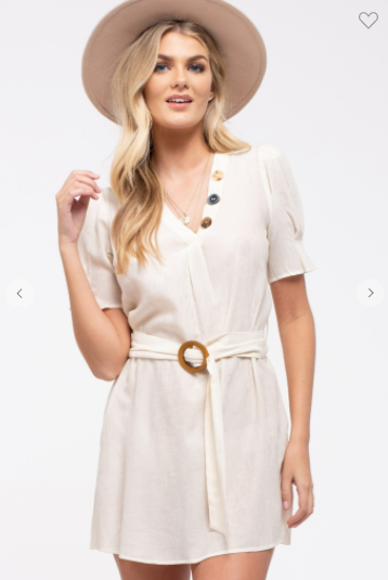 E & M Dress W/ V-Neck Button Accents & Belt Cream (S-L)