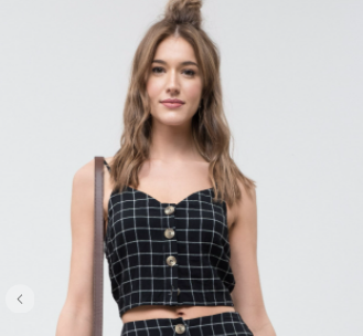 Lydelle Checkered Button Down Cami Crop Top W/ Adjustable Straps (White or Black S-L)