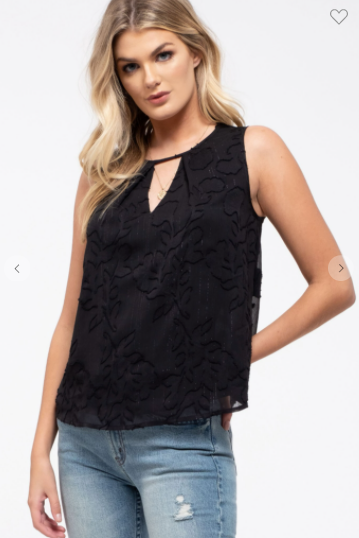 E & M Floral Top W/ Keyhole Cutout & Back Button Loop Black (S-L)