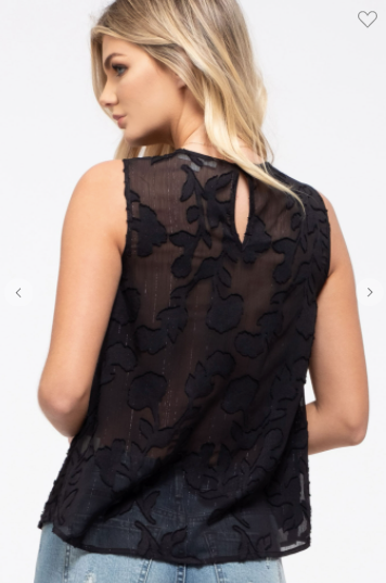 E & M Floral Top W/ Keyhole Cutout & Back Button Loop Black (S-L)