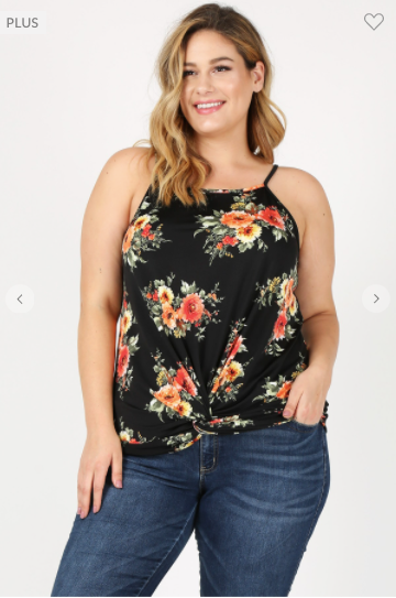 Sweet Lindsey Plus Floral Tank W/ Gathered Bottom (Black or Ivory 1XL-3XL)