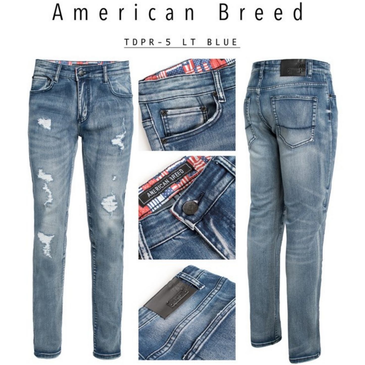American Breed Slim Distressed Denim Light Blue Wash (30X32-38X32)