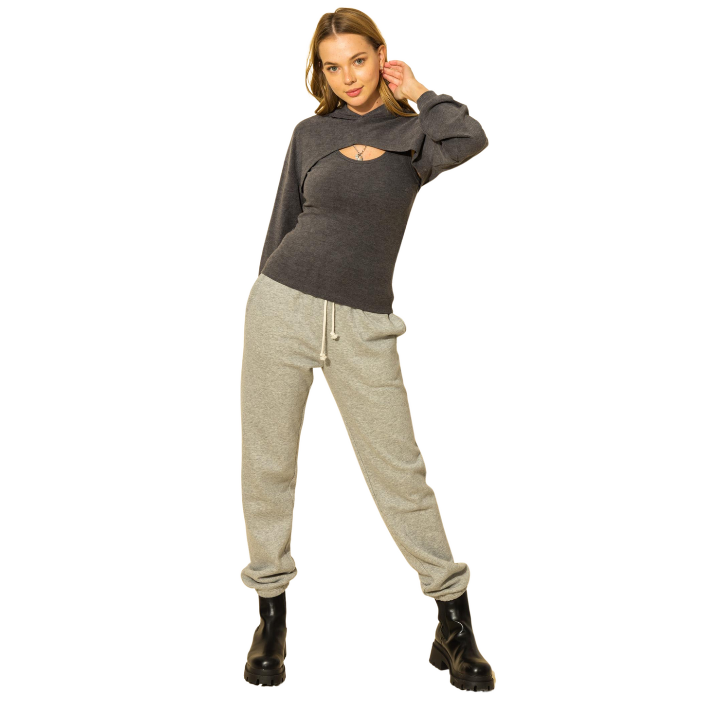 Hyfve Crop Hoodie Set Charcoal or Taupe (S-L)