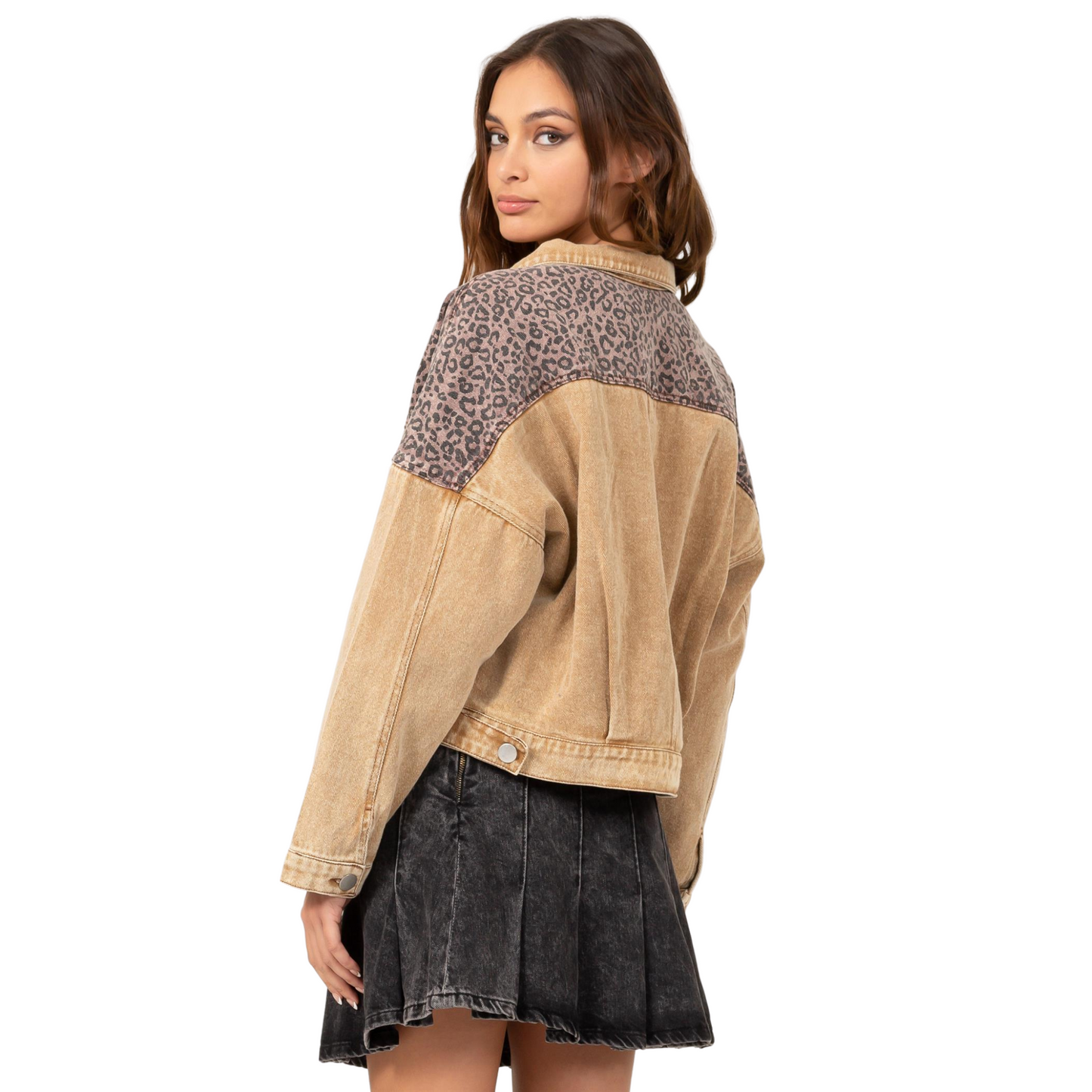 Hyfve Color Block Cheetah Denim Jacket (S-L)