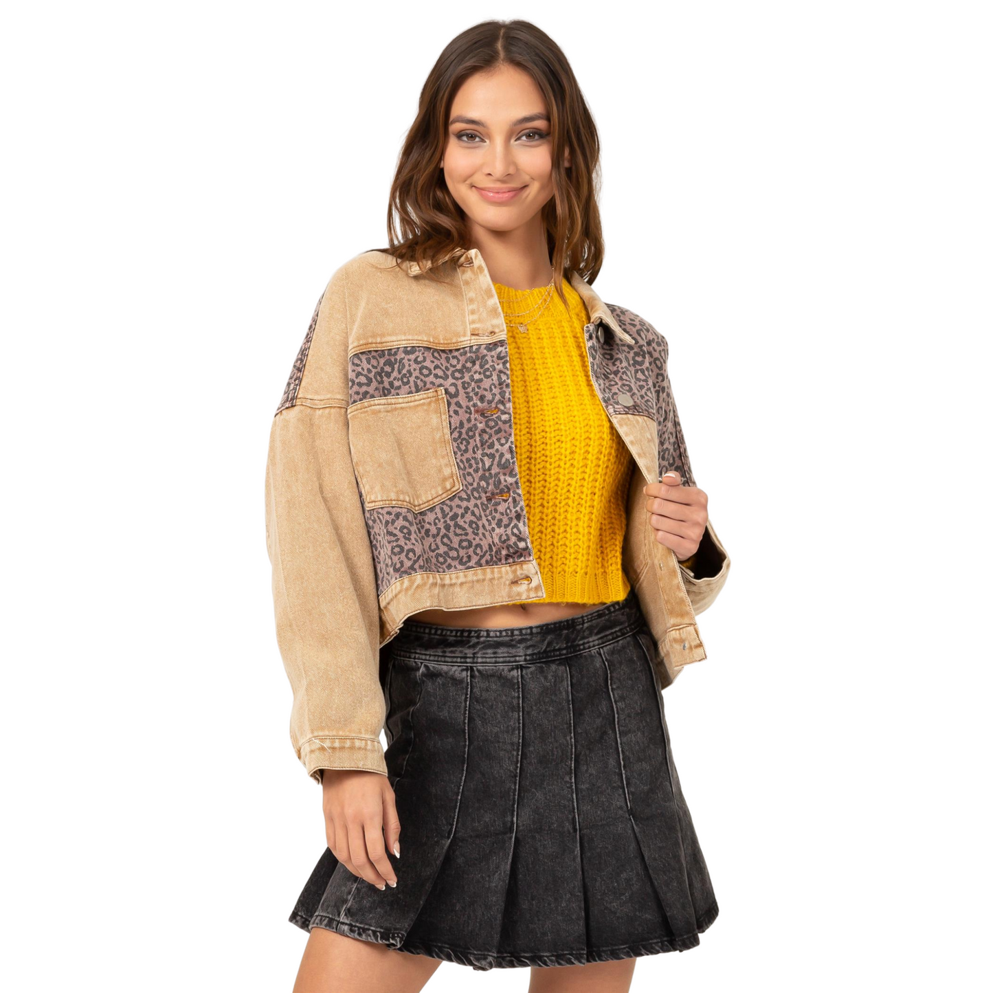 Hyfve Color Block Cheetah Denim Jacket (S-L)