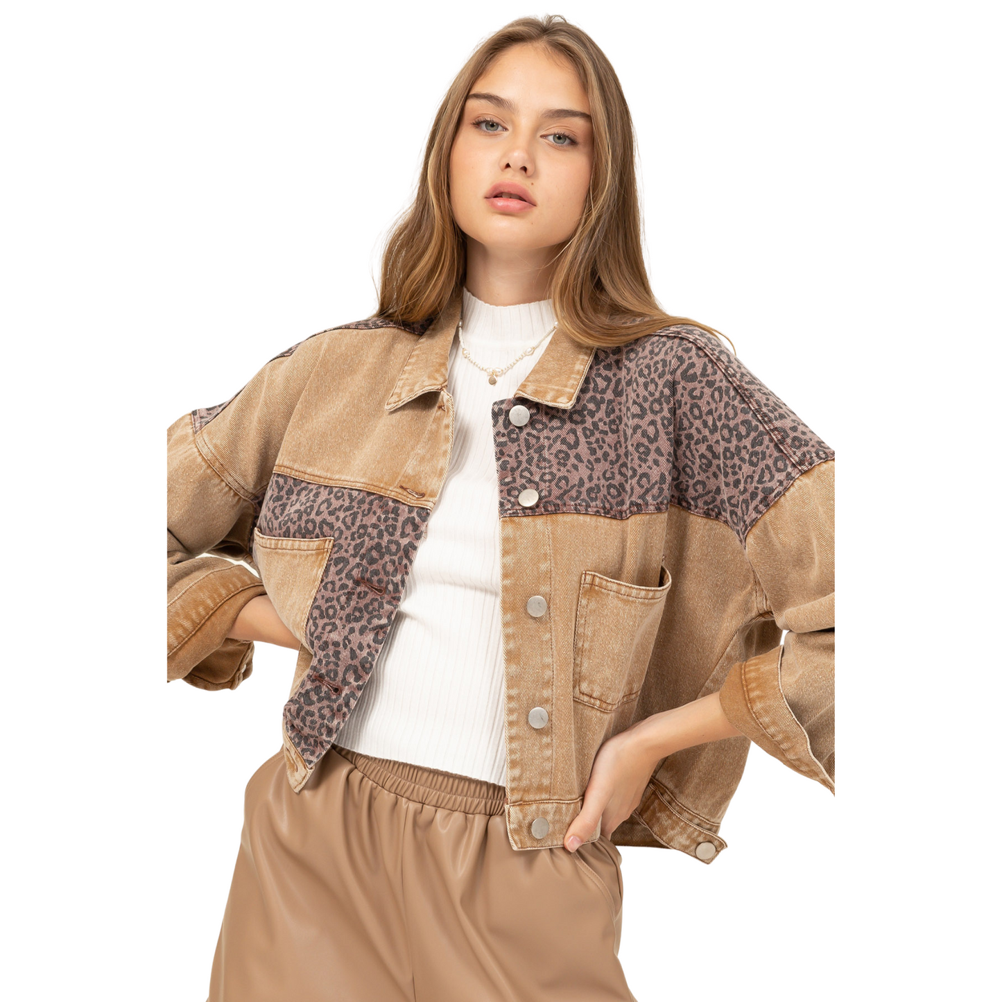 Hyfve Color Block Cheetah Denim Jacket (S-L)