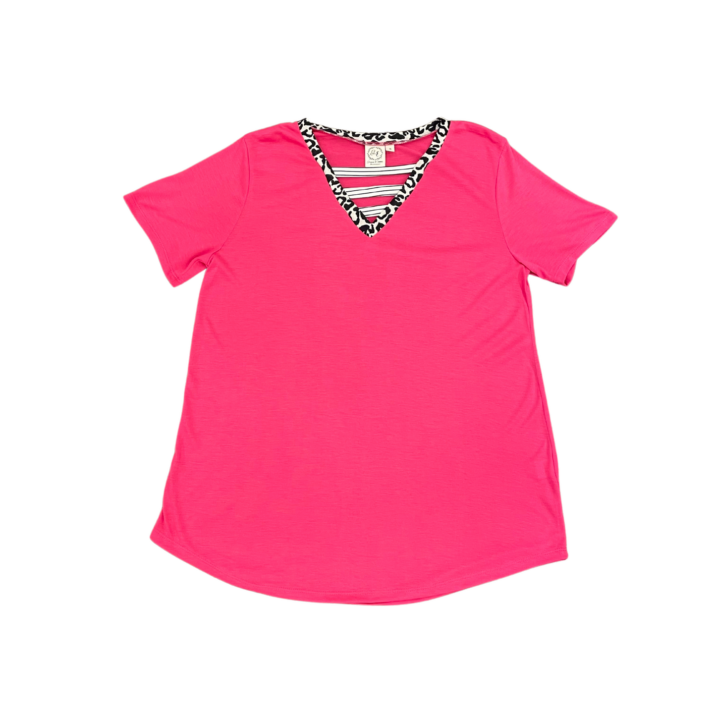 Grace & Emma Hot Pink V-Neck W/ Leopard Trim & Front Straps (S-2XL)