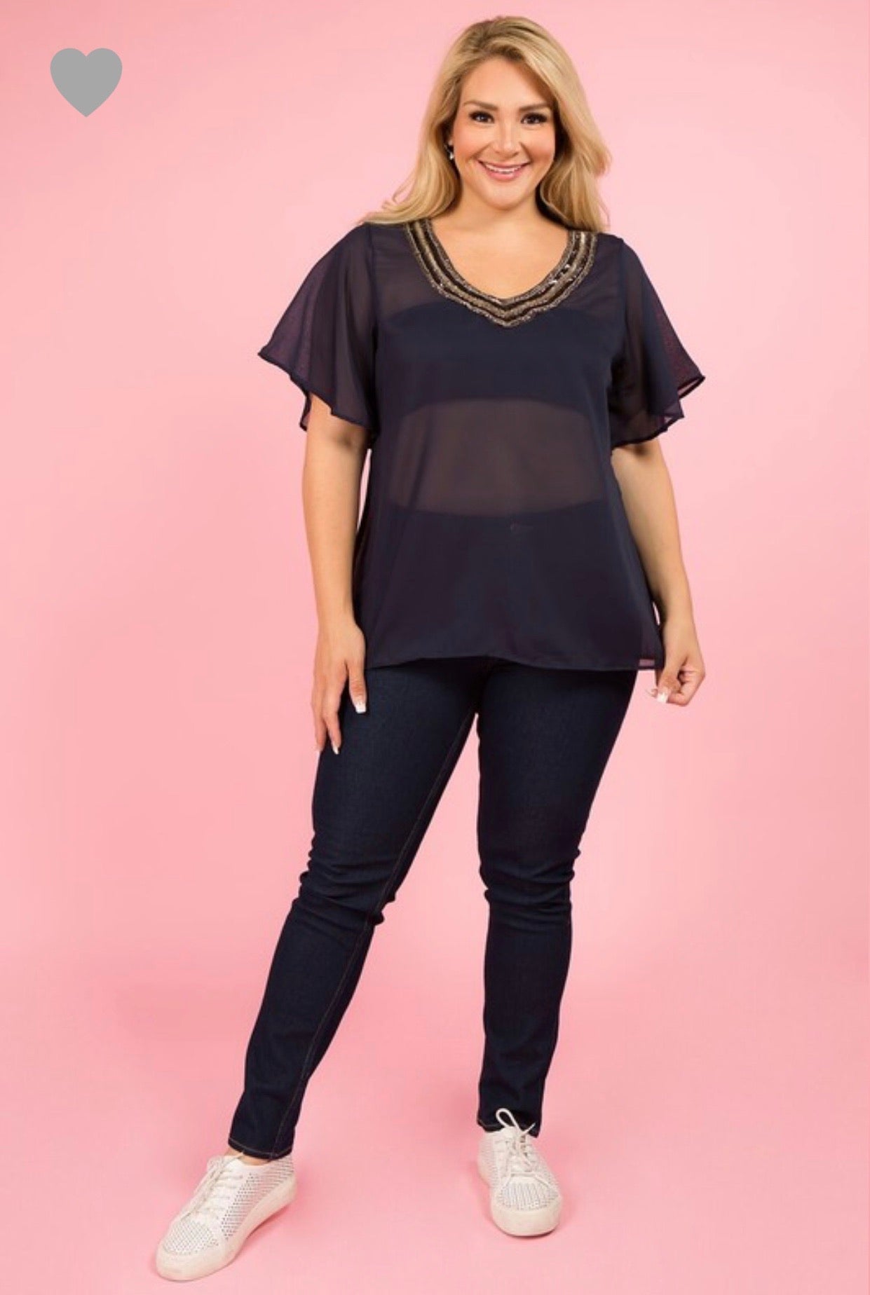Luz Plus Sheer Top W/Jeweled Neckline (Navy 1XL-3XL)