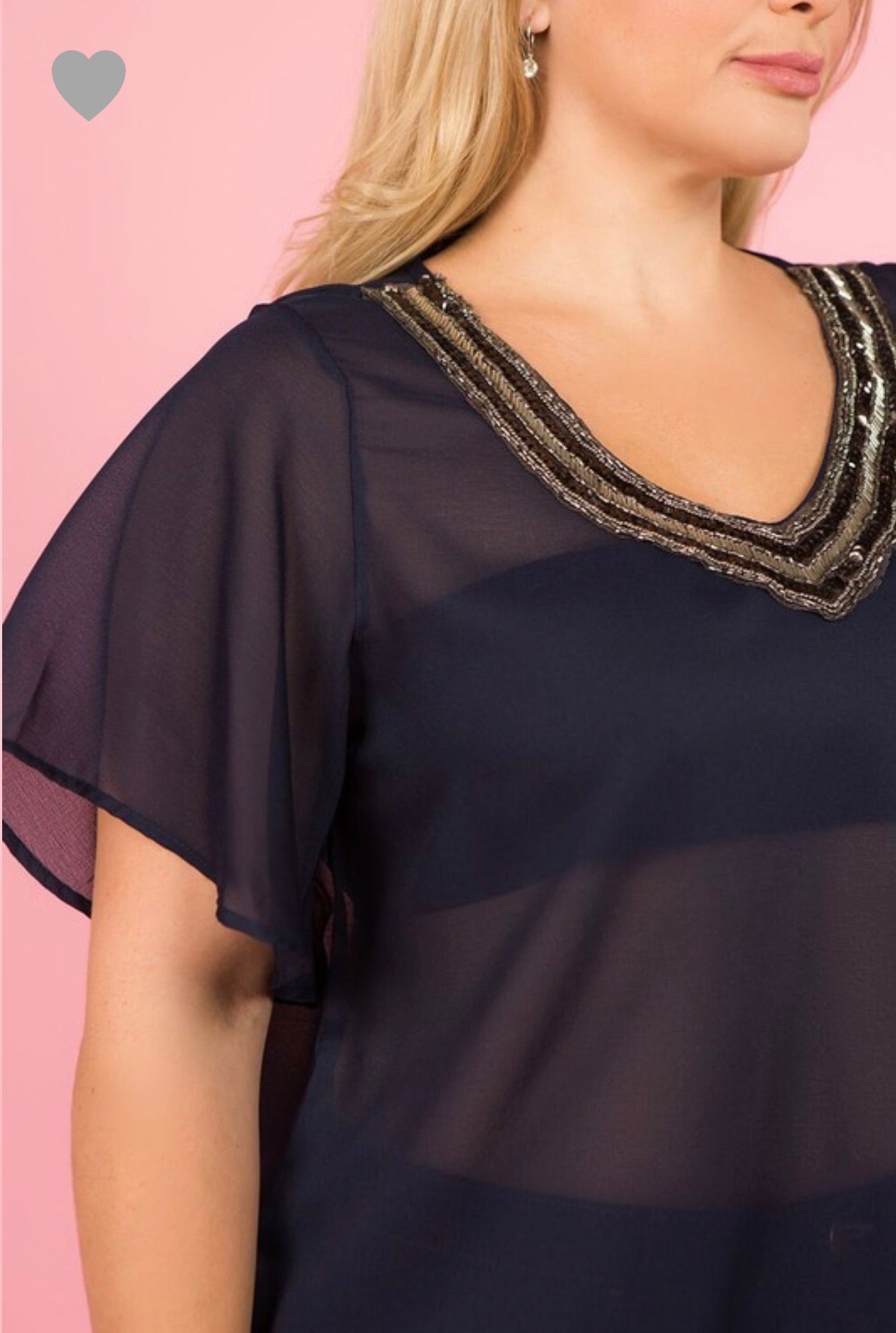Luz Plus Sheer Top W/Jeweled Neckline (Navy 1XL-3XL)