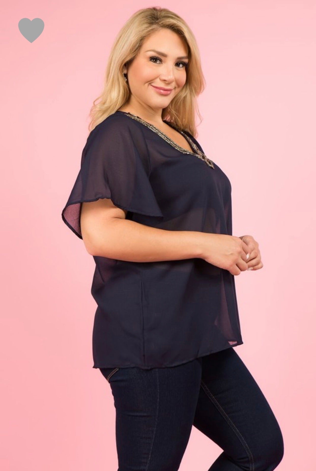 Luz Plus Sheer Top W/Jeweled Neckline (Navy 1XL-3XL)