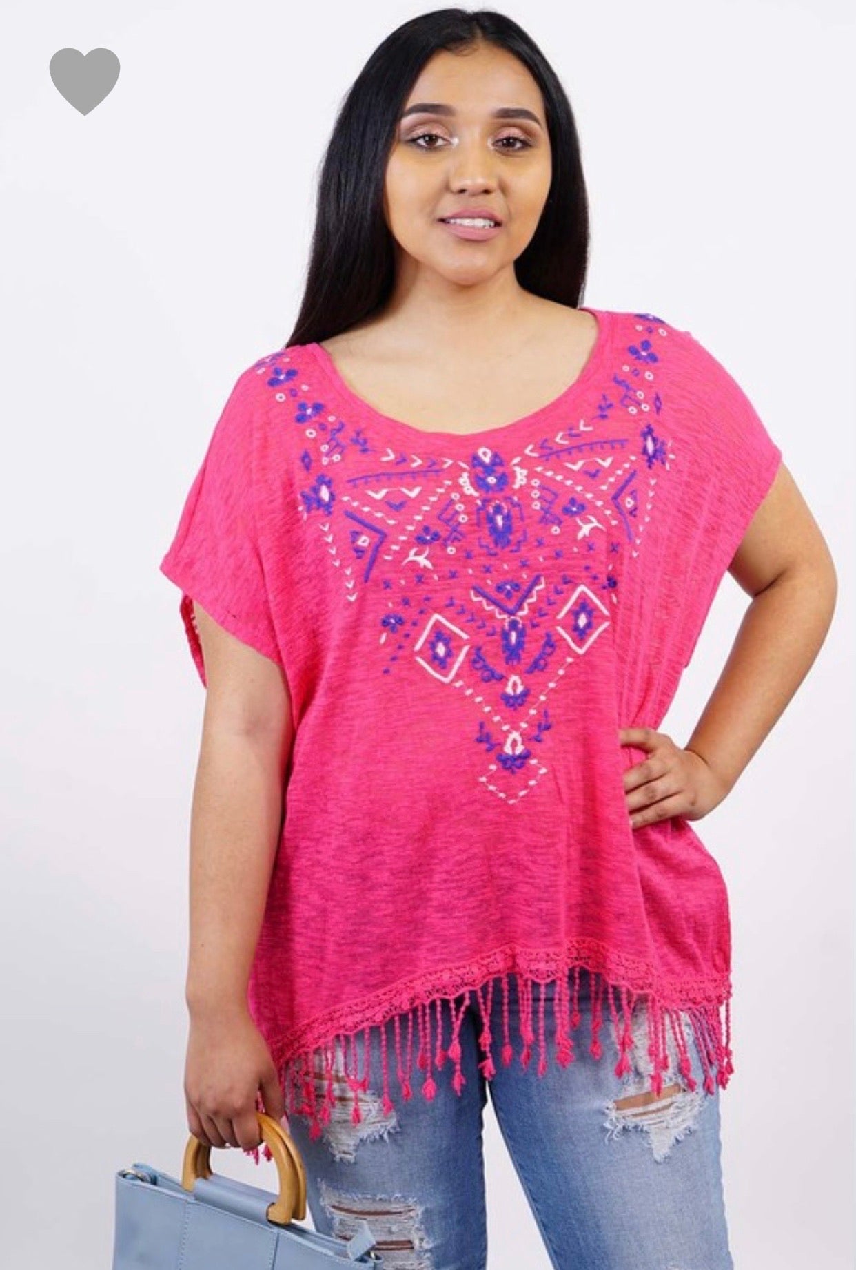 Amerikan Basics Embroidered Fringe Plus Top Pink (1X-3X)
