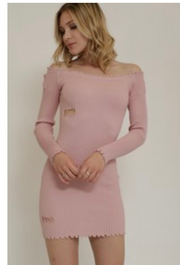 French Kiss Off Shoulder Distressed Bodycon Dress Dusty Pink (S-L)