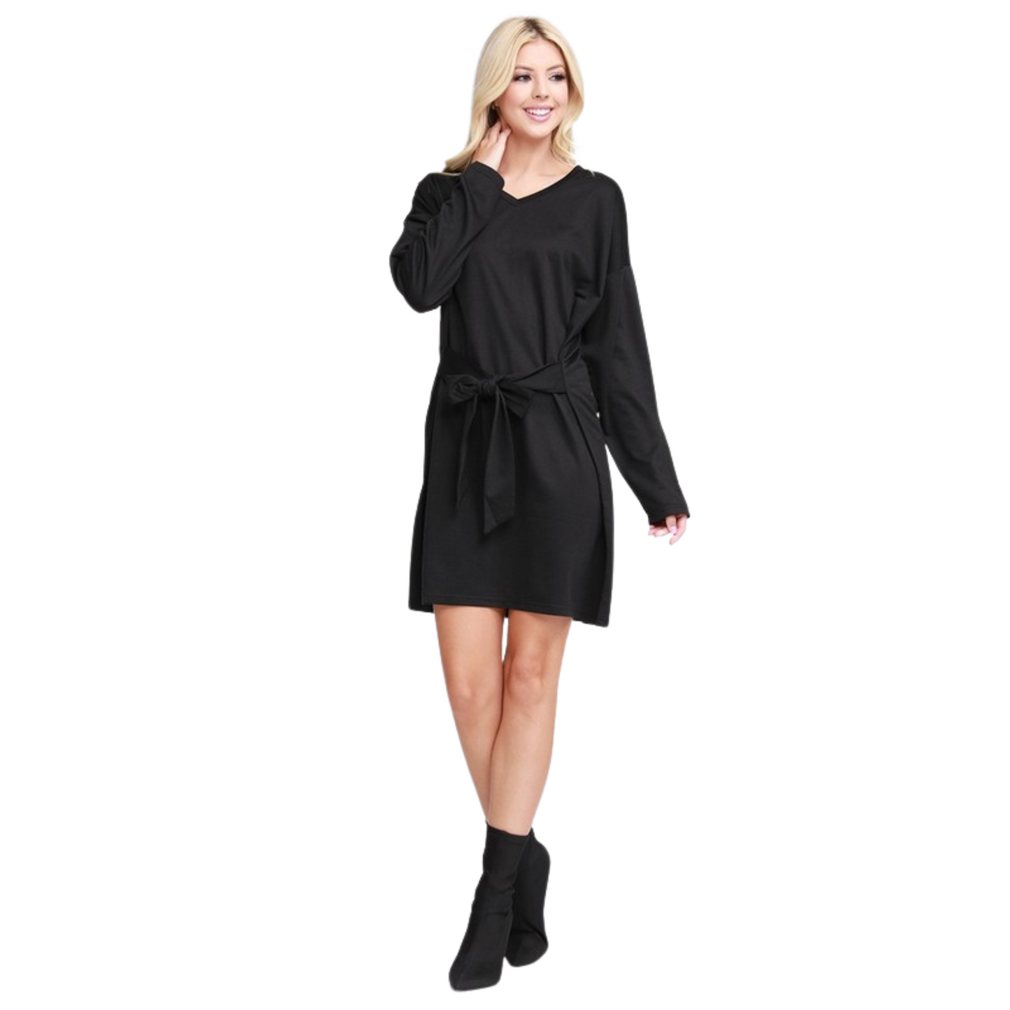 Ninexis Long Sleeve Tie Dress (Black or Plum S-XL)