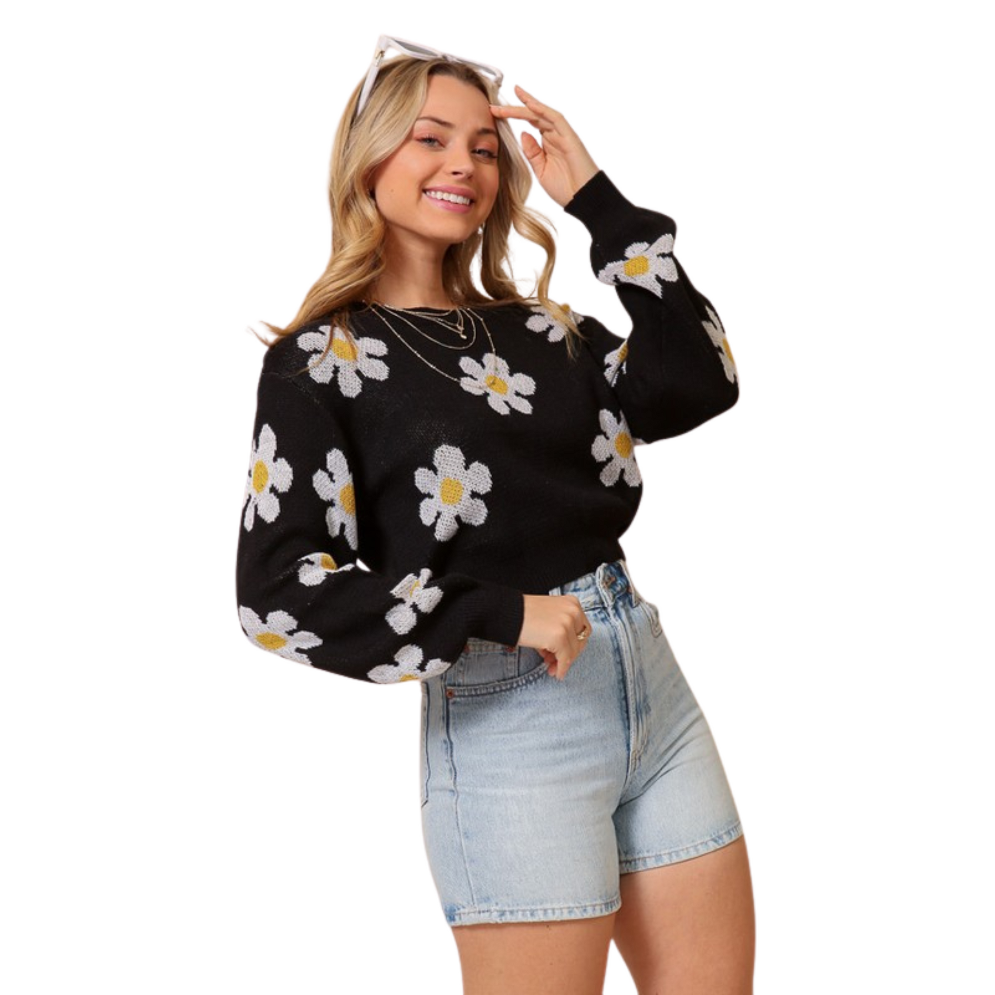 Timing Daisy Print Sweater Top (S-L) – Free Culture Clothing Timing Daisy Print Sweater Top (S-L) – Free Culture Clothing