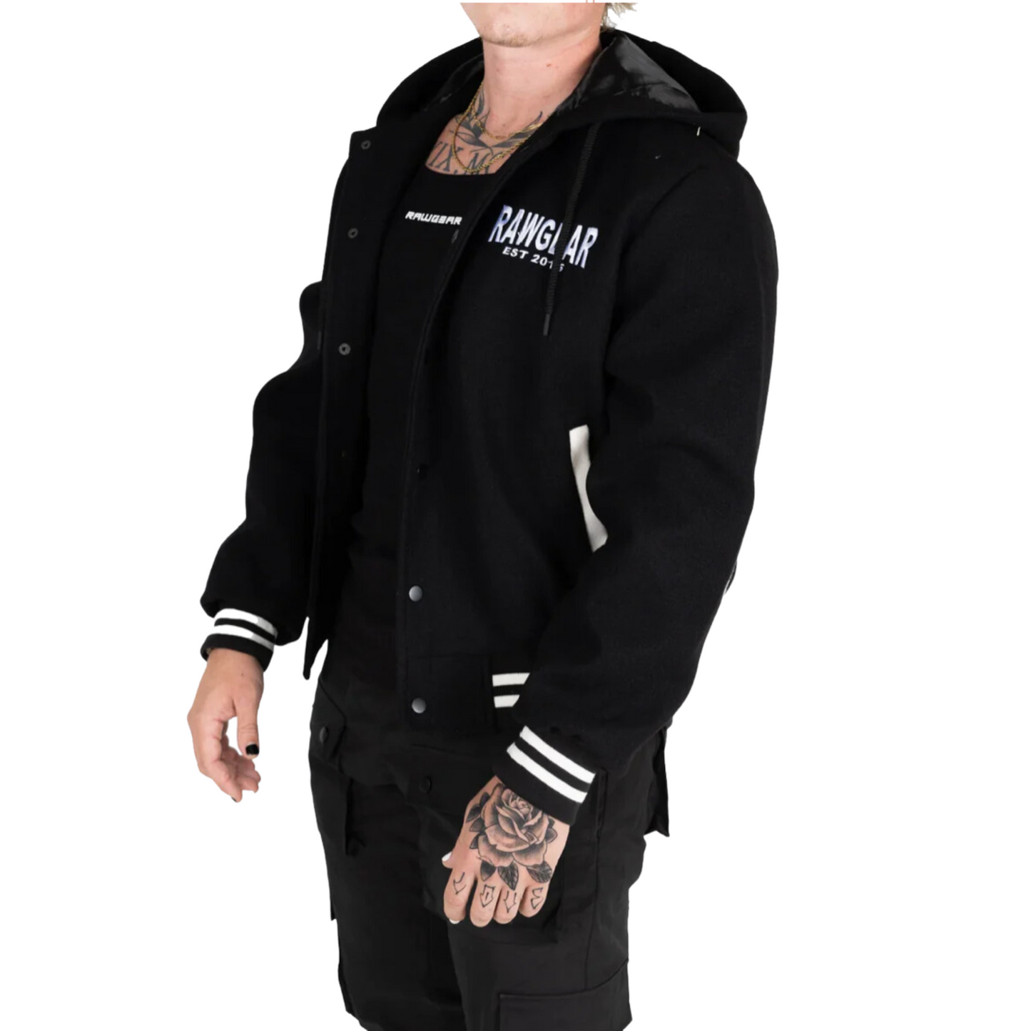 Rawgear Embroidered Letterman Jacket Hoodie Black OR Navy (S-2XL)