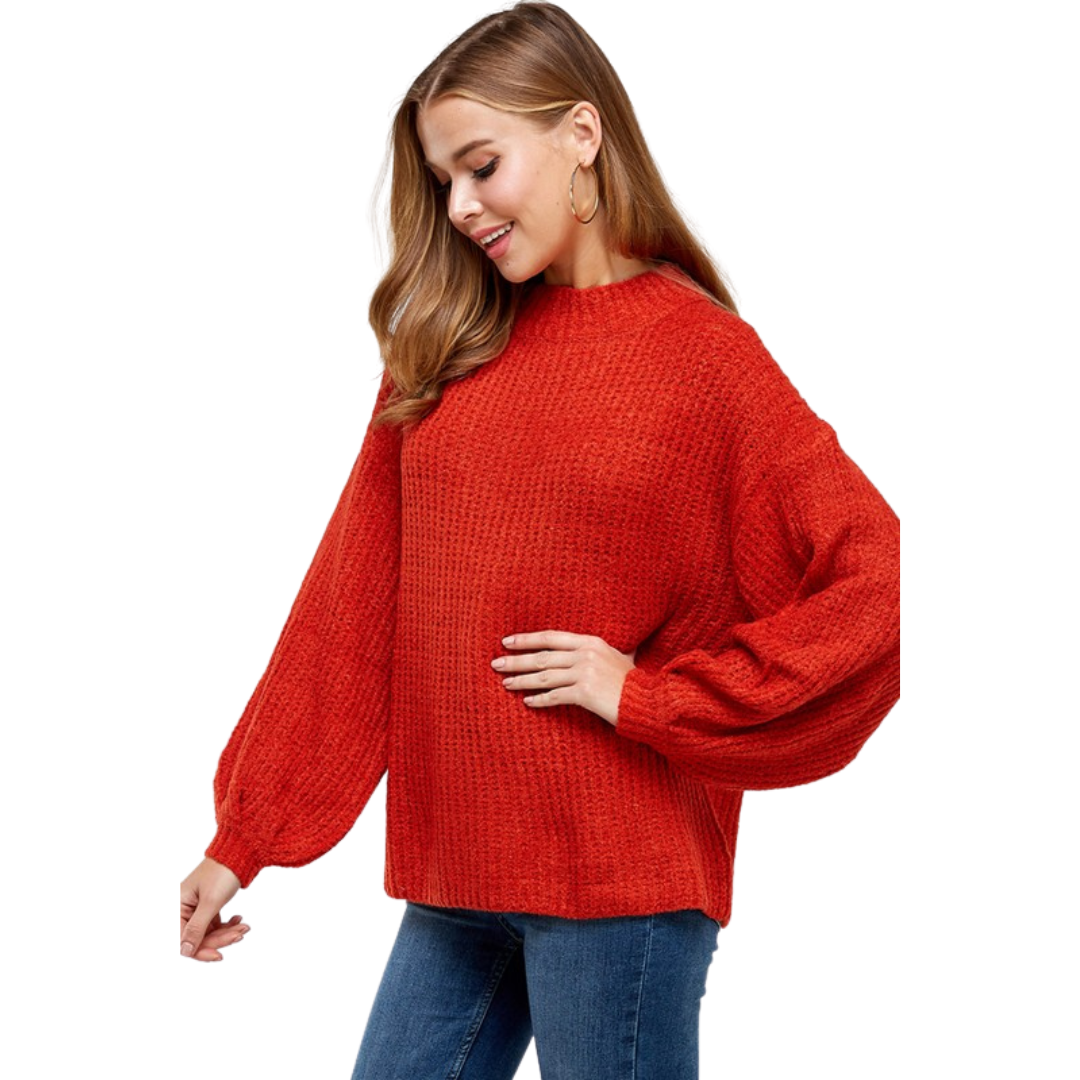Olive & Leaf Solid Knit Crew Sweater W/ Puff Sleeves (S-L)