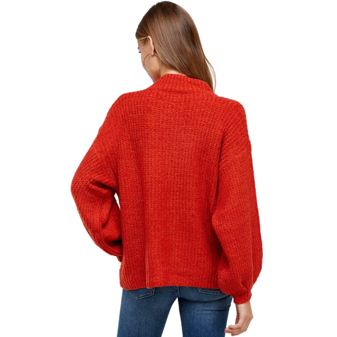 Olive & Leaf Solid Knit Crew Sweater W/ Puff Sleeves (S-L)