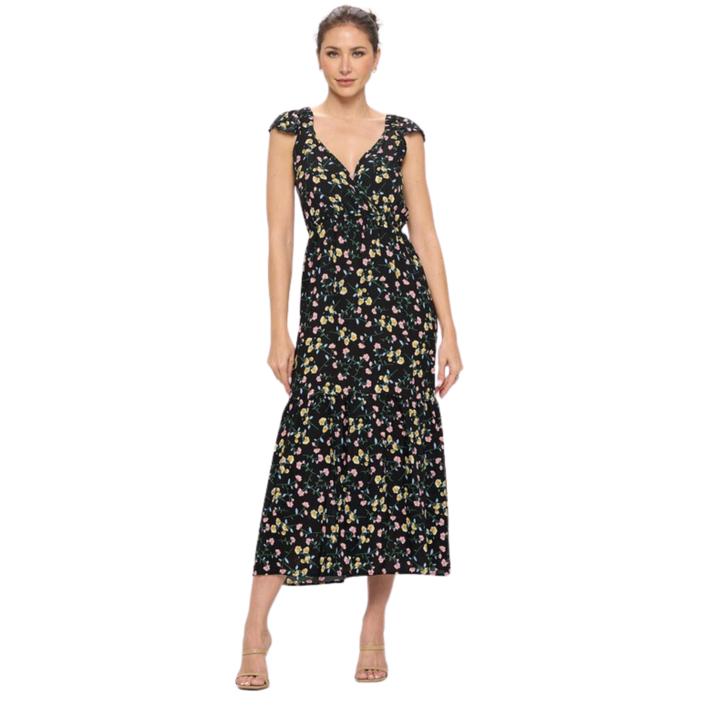 C-Mode Floral Maxi Dress W Tie Back Black (S-L)