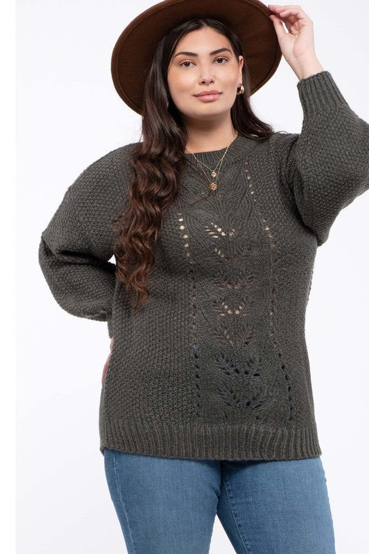 Blu Pepper Plus Size Knit Crew Neck Sweater Olive (1XL-3XL)