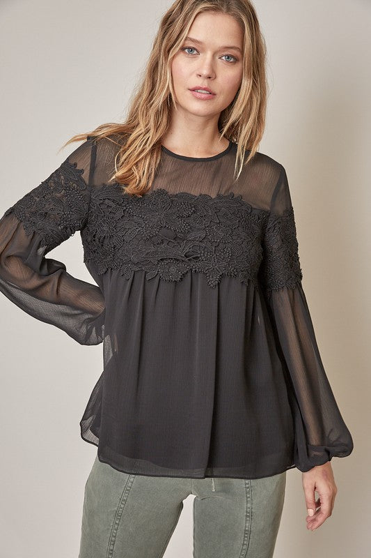 Mustard Seed Long Sleeve Floral Lace Top Black or White (M-2XL)