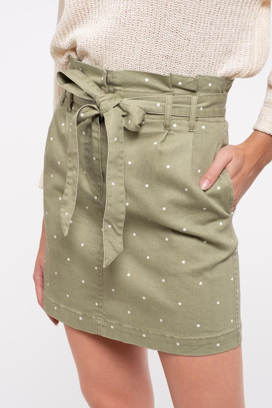Mine Polka Dot Skirt W/ Front Tie & Pockets Brown or Khaki (S-L)