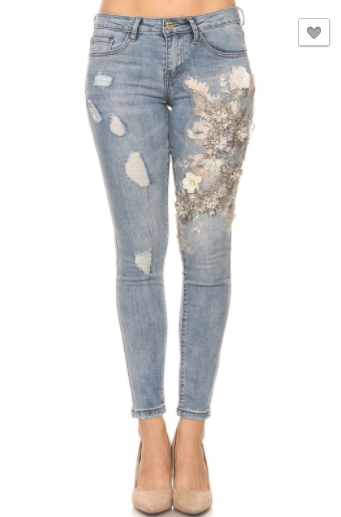 Denim Couture Classic Skinny Jeans W/ Floral Embellishments (0-15)