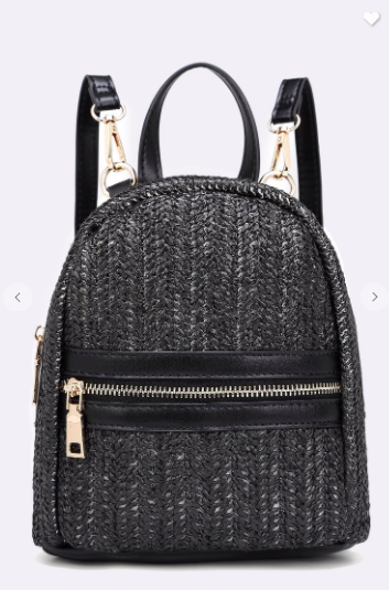 New Vibes Black Leather & Straw Mini Backpack