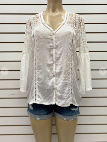 Trendy JS Long Sleeve Lace Button Up Top (White S-XL)