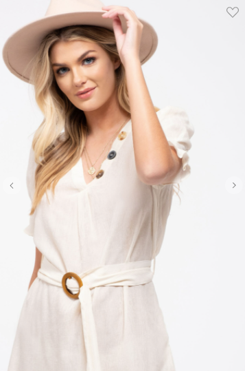 E & M Dress W/ V-Neck Button Accents & Belt Cream (S-L)