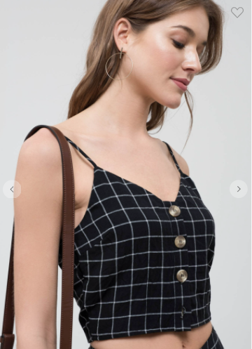 Lydelle Checkered Button Down Cami Crop Top W/ Adjustable Straps (White or Black S-L)
