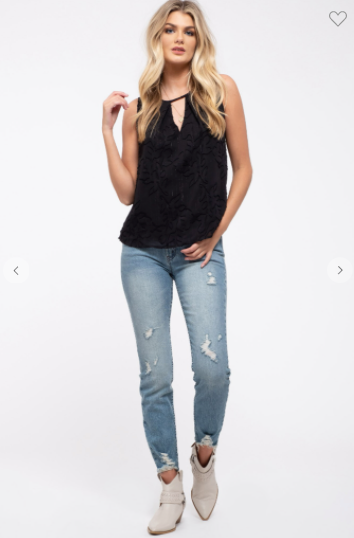 E & M Floral Top W/ Keyhole Cutout & Back Button Loop Black (S-L)